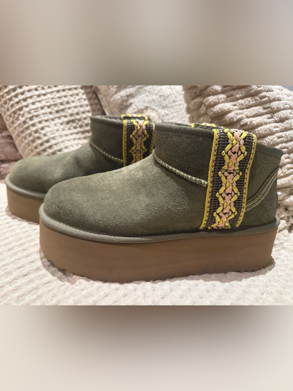 UGG Olive Green Suede Platform Mule with Yellow & Pink Trim